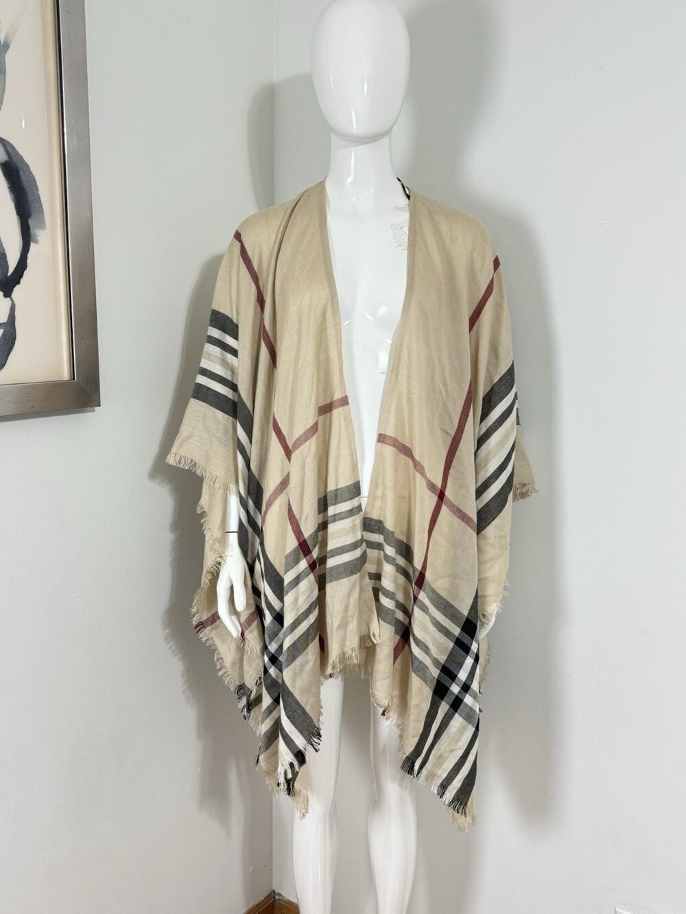 Women’s Beige Plaid Ruana Poncho Wrap Shawl Open Front Fringe Cape One Size